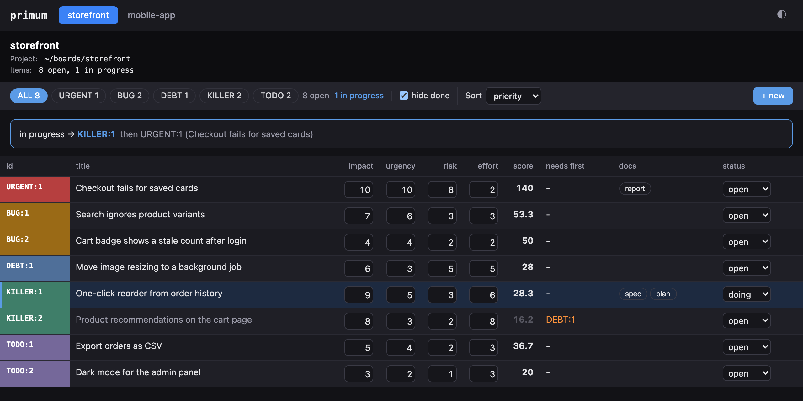 The primum board in dark mode